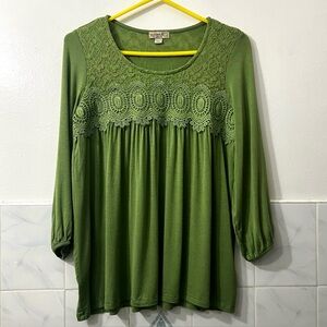 One World Womens Green 3/4 Sleeve Top Size XS Peasant Boho Earthy Cottage Nature